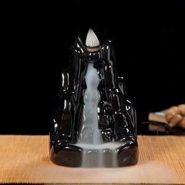 HanYun Waterfall Backflow Incense Burners, Black incense holder with Table Mat Natural Aromatherapy with Ceramic Smoke Waterfall for Relaxation Meditation Stress Relief Gift Home Decor (High Mountain)