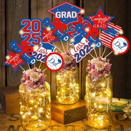 OuMuaMua Graduation Decorations Class of 2025-36pcs Red and Blue Graduation Table Centerpieces Sticks Table Toppers with Lights for College High School Congrats Grad Party Supplies