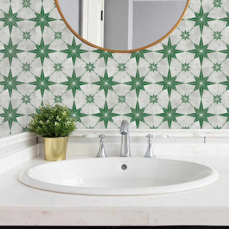 20 Pieces Tile Stickers, Classic Eight-Pointed Star Tile Stickers, Green