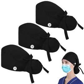 HETIE 3 Piezas Gorros Quirurgicos Mujer, Sombrero de Trabajo para Mujer Ajustable, Bolsa de Cola de Caballo con Lazo en La Espalda Adecuado para Trabajar, Cuidar y Cocinar (Negro, Regular)