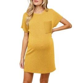 Onedreamer Women's Maternity Dress Rib Knit Front Pocket Dolman Short Sleeve T Shirts Dress Yellow