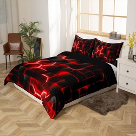 Feelyou Red and Black Bedding Duvet Cover Set Twin Size Honeycomb Bedding Set for Kids Boys Girls Decor Geometry Hexagon Theme Comforter Cover Set Geometrical Beehive Bedspread Cover,No Comforter