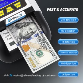 Frifreego Portable Counterfeit Bill Detector, Rechargeable Fake Bill Detector 4-Way Detection, for Multiple Currencies with Value Display, Commercial Grade Bill Detector Alertable