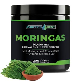 Purity's Best MORINGAS 50:1 Extract, Max Strength 10,400 mg Equivalent Per Serving, Premium, with Organic Moringa Leaf, Energy, Skin, Beauty & Immune Support, 200 Veggie Capsules, 3+ Month Supply