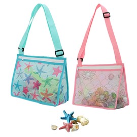 Mesh Beach Bag Seashell Beach Toy Bags Shell Collecting Totes Expandable Beach Sand Toy with Printing and Adjustable Carrying Straps (2pcs, Blue+Pink)