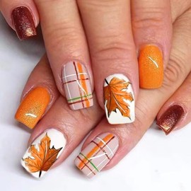 IMSOHOT Fall Press on Nails Square Short Fake Nails Orange Golden Glitter False Nails with Maple Design Full Cover Glossy Acrylic Glue on Nails for Women Manicure Tips