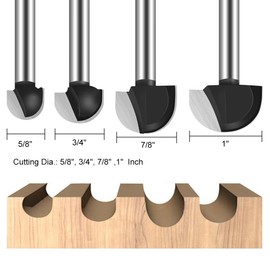 ASNOMY 4Pcs Core Box Router Bit, 1/4 Inch Shank Round Nose Cove Box Router Bits - 5/8" 3/4" 7/8" 1" Cutting Diameter Solid Carbide Core Box Round Nose Router Bits