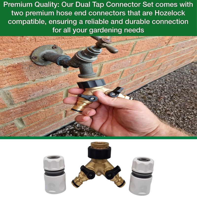 Premium Dual Tap Brass Connector Set with 2 Premium Hose