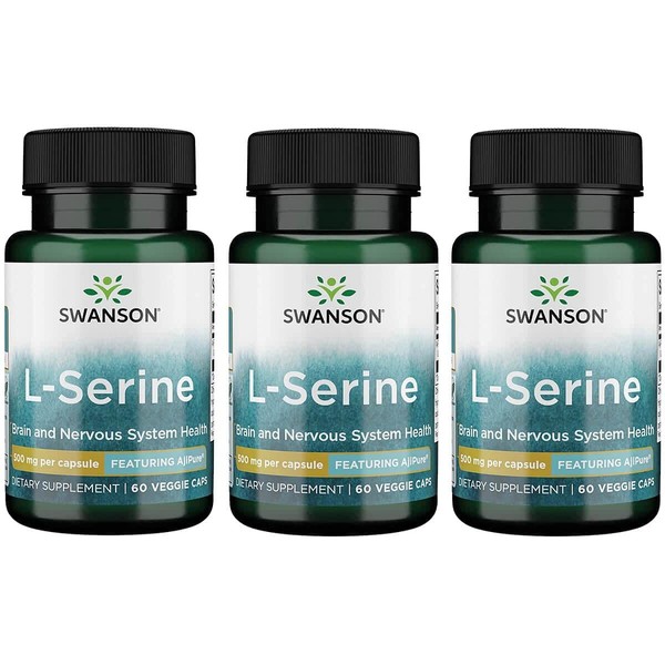 Swanson Ajipure L-Serine - Amino Acid Supplement Supporting Brain Health & Nervous System Function - Natural Formula Promoting Cognitive Function - (60 Veggie Capsules, 500mg Each) 3 Pack