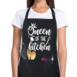 RNFENQS Queen of The Kitchen Funny Chef Apron Adjustable Bib Apron with 2 Pockets Funny Cooking Aprons Kitchen BBQ Apron Gifts for Men Women