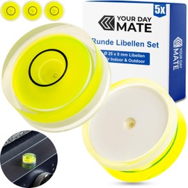 Round spirit level set, 5 pieces, with diameter 25 mm diameter, spirit level without labelling, dragonfly water scale, circle levelling, can level for caravan, camera, DIY, spirit level bullseye