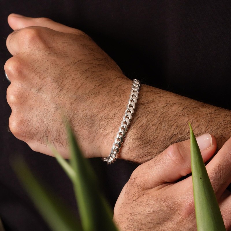 CG&KYGG 6mm Silver Moissanite Cuban Link Bracelet, Thick Silver-Plated Stainless