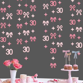 Glitter Pink 30th Bow Birthday Decorations Hot Pink Conquette Bow Garland Streamer Banner Backdrop for Womens Happy 30th Birthday Dirty Thirty Cheers to 30 Years Old Anniversary Party Supplies