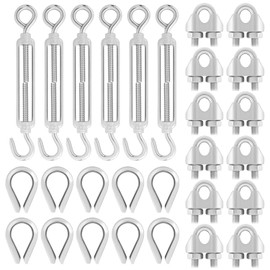 Aunifun 6 Pcs M6 Eye & Hook Turnbuckle Tension Wire Rope, 12 Pcs M3 Wire Rope Cable Clip Clamp, 10 Pcs M3 Stainless Steel Thimble, Stainless Steel Kit Cable Railing Kit