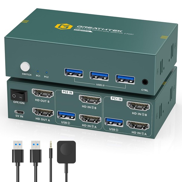 KVM Switch 2 Monitors 2 Computers HDMI 8K@60Hz, USB3.0 4K@144Hz