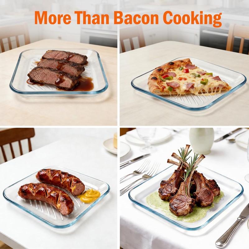HoPliGhe Microwave Bacon Cooker Pan, Square Glass Bacon Tray for