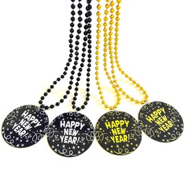 GZYSSL 12 Pcs Happy New Year Beads Necklaces New Year's Eve Black Gold Medallion Pendant Bead Necklaces New Year Party Decorations