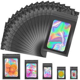 JETMORE 100 PCS Black Smell Proof Bag, Mylar Bags, Holographic Bags with Clear Window, Resealable Bags for Small Business, Packaging Bags for Bracelets, Jewelry, Candy, Gift, Sample Bags （3x5in）