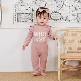 NZNDSHD Auntie Baby Clothes Girl Fall Winter Ribbed Knit Outfit Long Sleeve Romper Bodysuit Elastic Pants Headband Set (Pink Auntie, 0-3 Months)