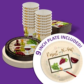 Birthday Galore Paint and Sip Party Supplies - 64 Piece Wine Bridal Shower Tableware Set Includes Large 9" Dinner Plates and 8" Dessert Paper Plates Napkins Cups - Kit for 16