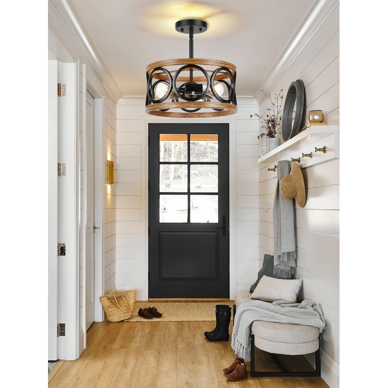 QianZhan Farmhouse Semi Flush Mount Ceiling Light Fixtures, 3-Light Black