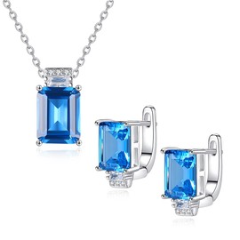 Gdirection 925 Sterling Silver CZ Simulated Swiss Blue Topaz Pendant Necklace and Stud Earrings for Women, Cubic Zirconia Emerald Cut Nano Gemstone Costume Jewelry Set with Gift Box, nano substances,