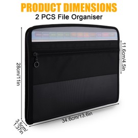 WOPPLXY 2 PCS 13 Pockets Portable File Organiser, Expanding Document Organiser for Paperwork A4, Water Resistant File Folders with Colored Labels and Zipper Closure