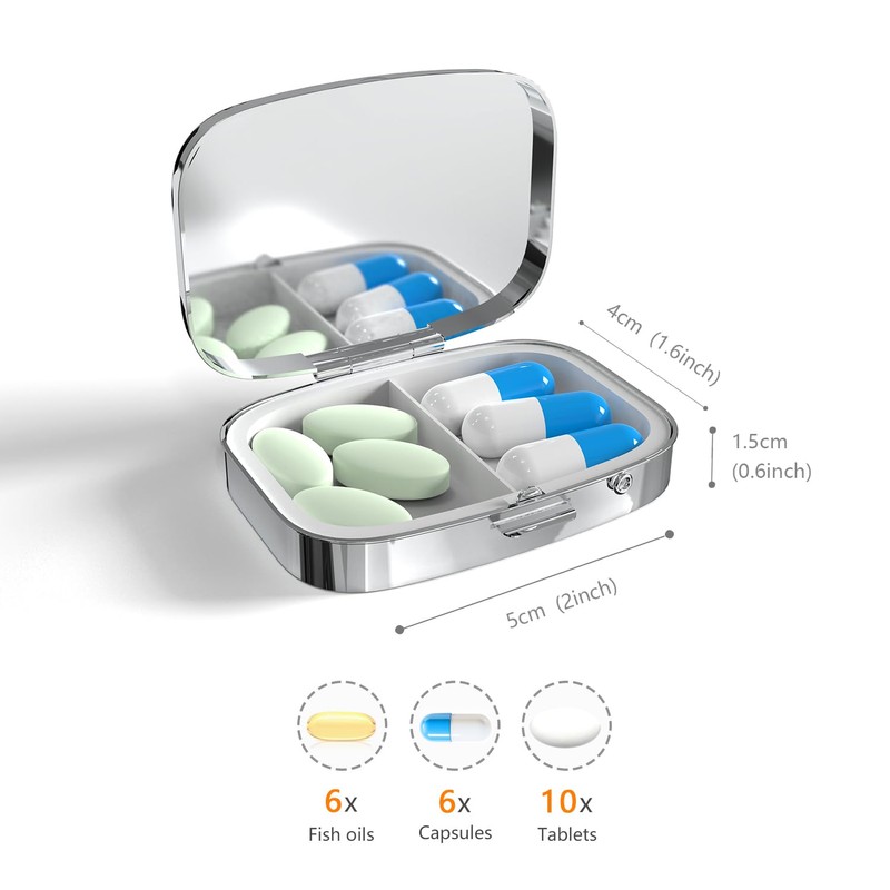 Pill Box-2 Compartment Small Pill Case Portable for Pocket &