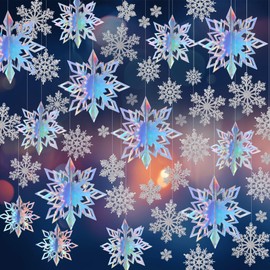 42 Pcs Winter Christmas Party Decorations 3D Snowflake Hanging Decoration Set 3D Hanging Snowflake Decoration Pendant for Christmas Winter Party New Year Home (Iridescent,2 Inch, 3 Inch, 4 Inch)