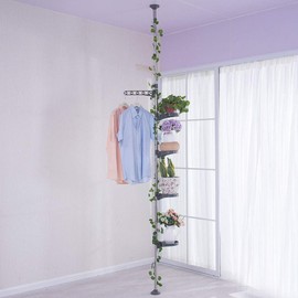 Hershii 5-Layer Indoor Plant Stand Pole Spring Tension Rod Corner Flower Display Rack Holder Adjustable Telescopic Floor to Ceiling Shelf Space Saving - Grey