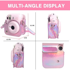 Protective Camera Case for Instax Mini 12 Instant Camera Mini 12 Case PU Leather Carrying Bag with Adjustable Shoulder Strap & 64 Pockets Photo Album - Shiny Pink
