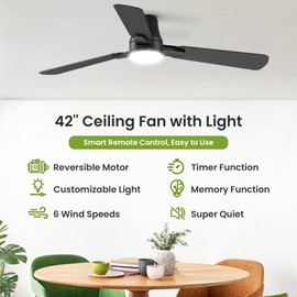 OSTIVE Ceiling Fans with Lights and Remote: 42 Inch Modern Black Ceiling Fan, Low Profile Flush Mount, Quiet Reversible DC Motor & 3CCT Dimmable LED for Bedroom Living Room Kitchen Indoor Outdoor
