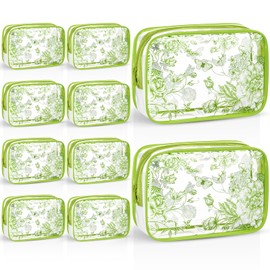 SilTriangle Set of 10 Clear Floral Cosmetic Bags PVC Makeup Bags Waterproof Travel Organizer Toiletry Pouches for Wedding Birthday Baby Shower Party Ideal Gift for Women Nurse Bridesmaid(Sage Green)