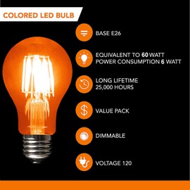 SLEEKLIGHTING LED 6Watt Filament A19 Orange Colored Light Bulbs – UL Listed, E26 Base Lightbulb – Energy Saving - Lasts for 25000 Hours - Heavy Duty Glass - 4 Pack