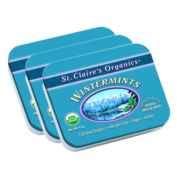 St. Claire's Organic Breath Mints, (Wintermint, 1.5 Ounce Tin, Bundle of 3) | Gluten-Free, Vegan, GMO-Free, Plant-based, Allergen-Free | Made in the USA in a Dedicated Allergen-Free Facility