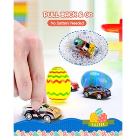 Roicaholy 24 Count Prefilled Easter Eggs with Pull-Back Cars Inside - Fun Easter Egg Hunt Toys for Kids Toddler, Plastic Eggs filled with Toys, Bonus Storage Pouch