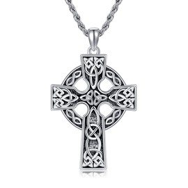 DAYLINLOVE Celtic Cross Necklace for Men 925 Sterling Silver Viking Crucifix Pendant Necklace Vintage Celtic Knot Jewellery for Men Women Religious Gift, Sterling Silver, No Gemstone