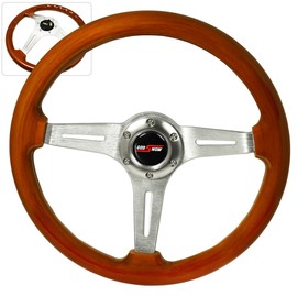 AJP Distributors Godsnow Horn Button + 345mm 6-Bolt 2 Inch Deep Dish Light Wood Grain Chrome Aluminum Luxury Streak Style Upgrade Replacement Steering Wheel