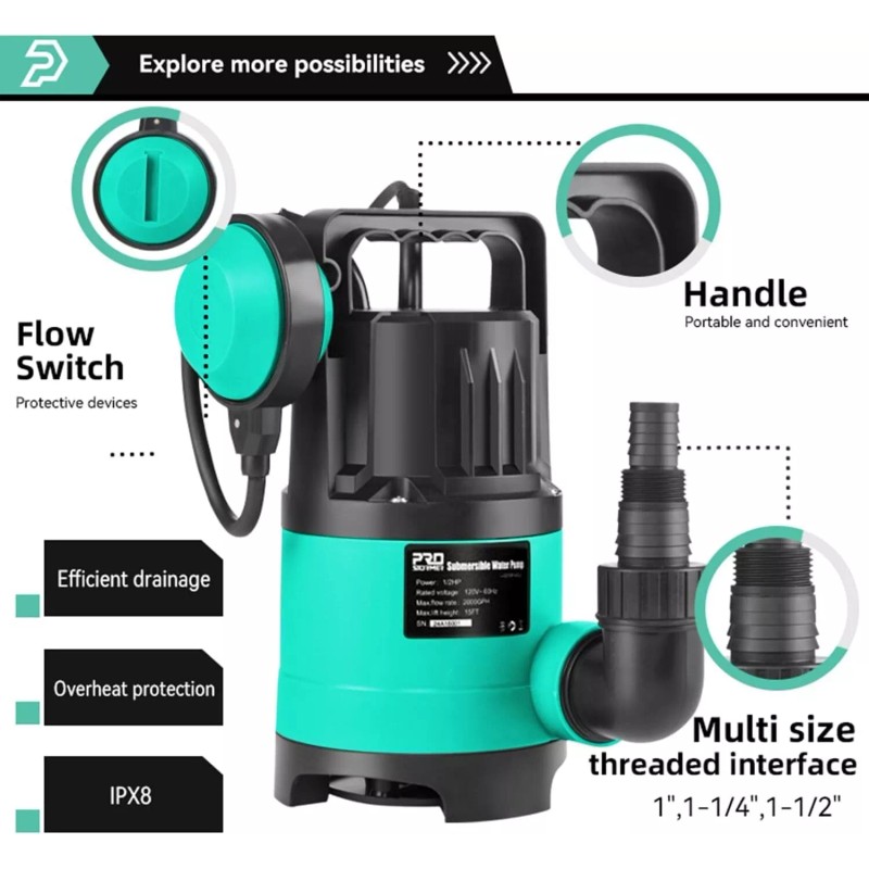 Prostormer Sump Pump, 2000GPH 1/2 HP Submersible Water Pump with