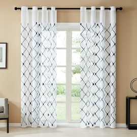 Top Finel White Sheer Curtains 96 Inches Long Navy Blue Embroidered Diamond Grommet Window Curtains for Living Room Bedroom, 2 Panels