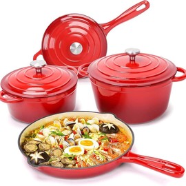 Elf Grill Enameled Cast Iron Cookware Set - 7 Piece Set of Dutch Ovens, Sauce Pan, Skillet, 3 Lids, Dutch Oven Set, Ceramic Nonstick Coated, Heavy Duty, Gas/Induction Compatible, PFA Free, Biscay Blue - size: Red