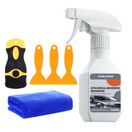 SHIELDOM Adhesive Remover Sticker Removal Tape Remover Set of | 1x Plastic Razor Blade Scraper | 3X Spatula | 1x Towel | Removes Adhesive Remains Stickers Labels Decals Tape Residue - 8.45oz/250ML