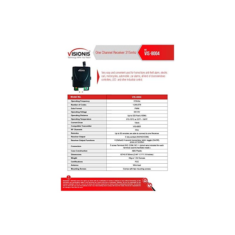Visionis VIS-8004 12V 1CH RF Wireless Receiver Relay 315Mhz Remote