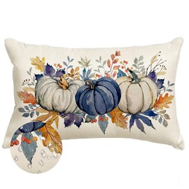 RABUSOFA Fall Pillow Covers 12x20 Inch Outdoor Waterproof Thanksgiving Autumn Dark Blue White Pumpkin Maple Leaf Lumbar Harvest Cushion Cases Seasonal Fall Decorations for Home Couch