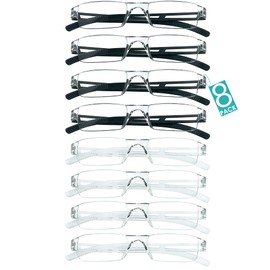 VisionGlobal 8 Pairs Reading Glasses, Blue Light Blocking Glasses, Computer Reading Glasses for Women and Men, Fashion Square Eyewear Frame (4black+4clear,+1.50 Magnification)