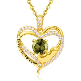 Cat Necklace for Women Sterling Silver Gold Cat Heart Pendant August Birthstone Peridot Necklace Cute Animal Jewelry Wedding birthday Gifts for Women