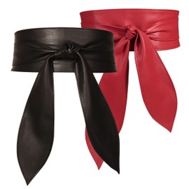 Panegy 2 Pack Leather Obi Belts for Women Vintage Plus Size Wide Waistband Wrap Belt Dress Cinch Belt Black+Red S-M