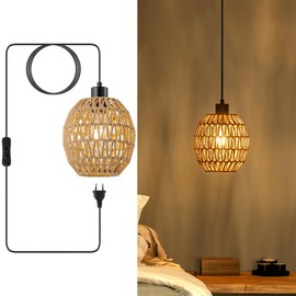 WILON Hanging Lamp with Plug, Dining Table Lamp, Hanging E27, Vintage Lamp with 4.5 m Cable, Rattan Lampshade, Outdoor, Window Lamp for Hanging, Hanging Light for Living Room, Bedroom