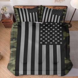 WeCozy Twin Size Comforter Set with Pillowcase, Black Military Camouflage American Flag Soft 2 Pcs Bedding for Kids and Adults Bedroom Bed Decor