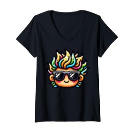 Womens Colorful Cartoon Character Illustration For Kids V-Neck T-Shirt